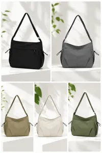 Waterproof nylon crossbody bag detail showing multi-color options, large capacity commuter tote.