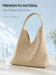Beige woven PU shoulder bag, stylish hobo tote purse with waterproof design for daily wear.