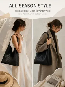 Classic black woven shoulder bag for women, premium leather hobo tote, all-season fashion bag.