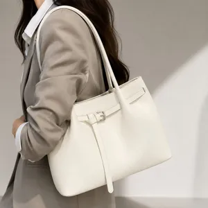 Minimalist white shoulder tote bag for women, chic commuter handbag with diamond pattern design.
