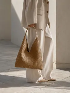 Woven leather shoulder bag, vintage casual brown tote bag, large capacity daily hobo bag.