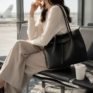 Minimalist black woven leather tote bag for women, stylish shoulder bag for daily work commuting.