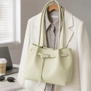 Minimalist Light Green Tote Bag PU Leather Shoulder Bag Casual Work Commuting Handbag