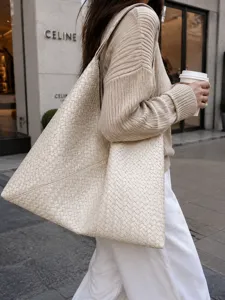 Beige woven shoulder tote bag, large capacity casual underarm bag for women summer style.