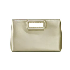 Metallic gold PU leather clutch bag with stylish cutout handle for women evening party.