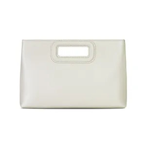 Beige PU leather clutch bag with cutout handle stylish evening handbag for women detail view