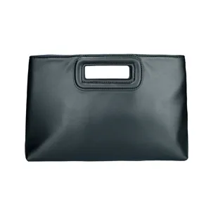 Black PU leather handbag, minimalist clutch purse, elegant evening bag detail view.