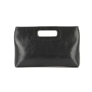 Black PU leather clutch bag detail shot, featuring wrinkled texture and cut-out handle.