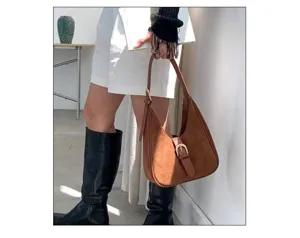 Brown suede hobo shoulder bag minimalist crescent baguette purse for women daily commute