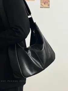 Women black soft leather crossbody hobo bag large capacity versatile shoulder tote main view