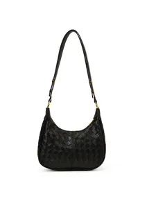 Classic black woven leather shoulder bag for women, stylish hobo bag with gold hardware.