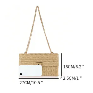 Women straw shoulder bag with metallic chain and lock closure detailed view with size dimensions