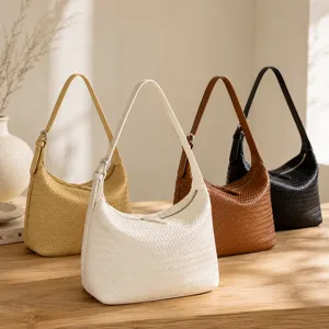 Woven leather shoulder bag for women, large capacity hobo tote bag, casual handbag.