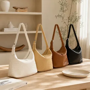 Woven shoulder tote bag detail showcasing multiple color options, spacious casual design.