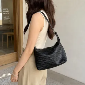 Black woven shoulder bag for women, stylish large capacity casual tote bag, daily commute purse.