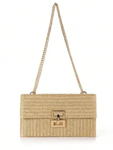Women straw shoulder bag resort style chain strap flap bag chic summer beach handbag