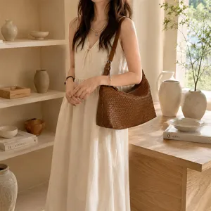 Chic brown woven leather shoulder bag, large capacity casual tote for daily commuting.