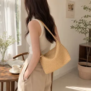 Stylish women woven shoulder bag casual PU leather daily commute handbag neutral beige