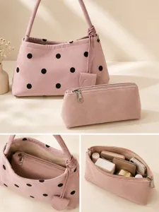 Pink polka dot underarm shoulder bag set with matching cosmetic pouch for daily casual fashion.