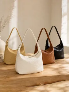 Women Large Capacity Woven PU Leather Tote Bag Casual Commuter Shoulder Crossbody Bag Fashion Handbag