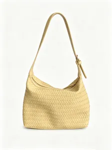 Womens woven shoulder bag large capacity casual hobo tote purse in pale yellow fashion daily