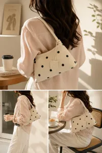 Detail shot of the stylish cream polka dot underarm bag in a cozy café lifestyle setting.