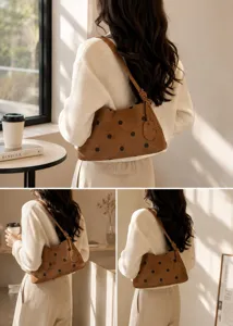 Brown polka dot underarm bag casual shoulder handbag stylish retro suede purse daily use