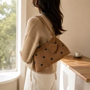 Korean style brown polka dot underarm shoulder bag, chic casual minimalist daily handbag details.