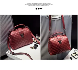 Details of vintage red quilted doctor bag with metal lock and shoulder strap for women.