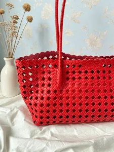 Chic red woven cutout leather tote bag, stylish large capacity shoulder handbag for women.