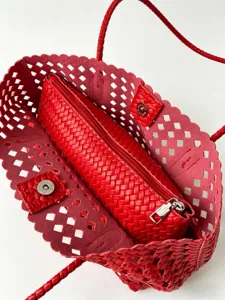 Red woven leather tote bag with matching zippered pouch, casual shoulder handbag for women.