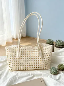 Beige woven shoulder tote bag large capacity casual handbag stylish daily commuting purse