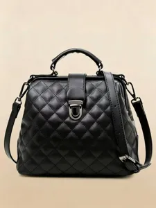 Women Fashion Vintage Doctor Bag PU Leather Quilted Satchel Handbag Metallic Lock Crossbody Shoulder Bag