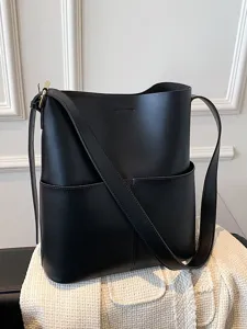 Minimalist PU Leather Shoulder Bag Large Capacity Solid Color Bucket Bag Fashion Commuter Handbag For Women