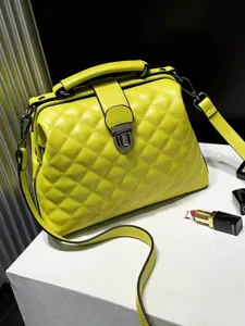 Stylish yellow quilted doctor bag PU leather retro handbag women shoulder crossbody bag