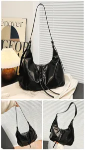 Elegante bolso de hombro negro estilo coreano vintage hobo bolsa grande casual de cuero PU