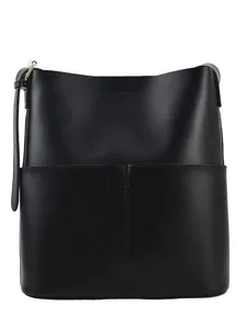 Minimalist black leather bucket bag with front pocket and adjustable shoulder strap.