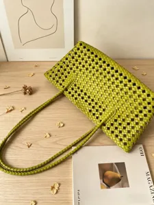 Green woven leather shoulder tote bag, large capacity casual commuter handbag with slim straps.