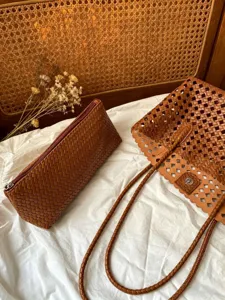 Brown Woven Leather Tote Bag with Matching Pouch Detail Chic Casual Handbag for Women Everyday