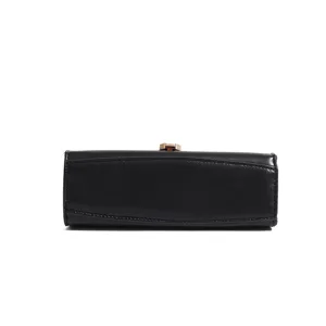 Black leather bag detail showing bottom structure and metal lock clasp for women.