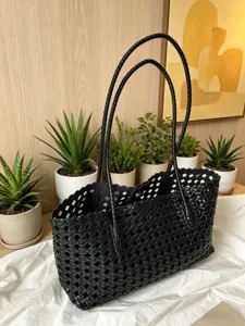 Black woven leather tote bag for women, stylish large capacity shoulder handbag casual.