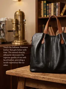 Stylish soft leather tote bag for women, spacious casual shoulder crossbody handbag.