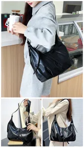 Bolso de hombro suave negro estilo coreano, bolso cruzado vintage de cuero suave para mujer.