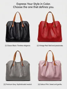 Classic soft leather handbag with contrast handles, stylish large capacity shoulder tote bag.