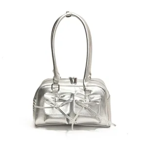 Sac à épaule argenté avec nœud, élégant sac axiale style balletcore pour femme printemps