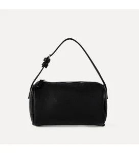 Black lychee pattern leather cylinder bag detail view showing zipper and texture.