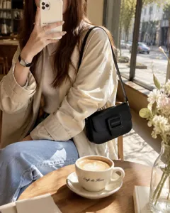 Black shoulder baguette bag for women minimalist retro chic daily commuter PU leather handbag