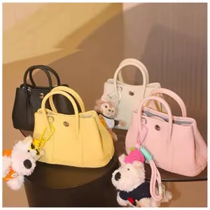 Mini PU leather tote bag with cute plush animal pendant casual shoulder crossbody bag