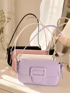 Classic PU leather shoulder baguette bag for women, stylish vintage underarm purse with buckle.