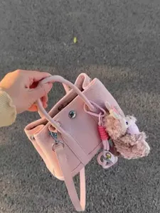 Pink leather bucket tote bag cute plush charm commuter shoulder crossbody bag casual style